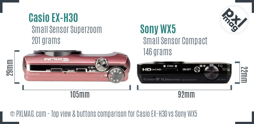 Casio EX-H30 vs Sony WX5 top view buttons comparison