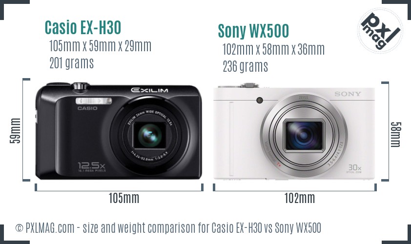 Casio EX-H30 vs Sony WX500 size comparison Casio EX-H30 vs Sony WX500 size comparison