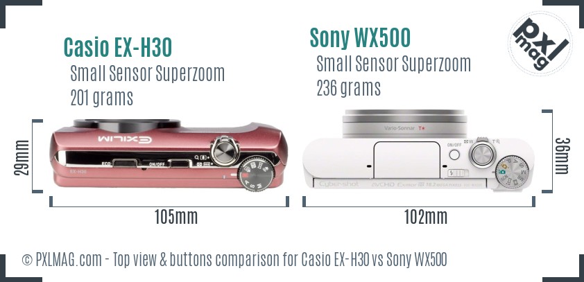Casio EX-H30 vs Sony WX500 top view buttons comparison