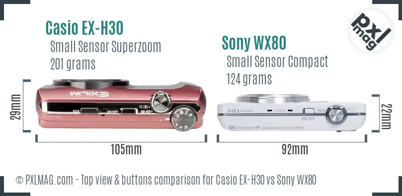 Casio EX-H30 vs Sony WX80 top view buttons comparison Casio EX-H30 vs Sony WX80 top view buttons comparison