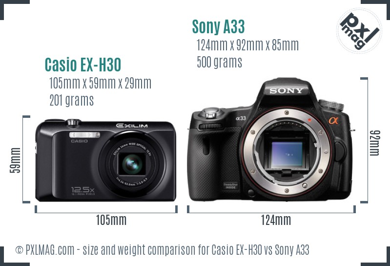 Casio EX-H30 vs Sony A33 size comparison