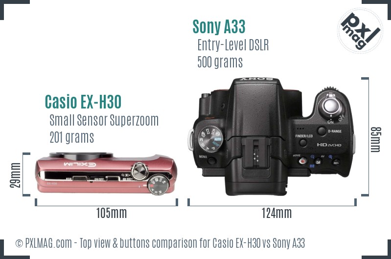 Casio EX-H30 vs Sony A33 top view buttons comparison