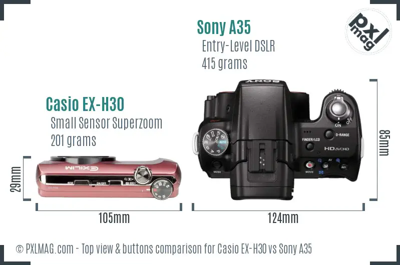 Casio EX-H30 vs Sony A35 top view buttons comparison