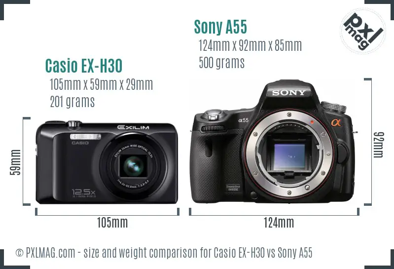 Casio EX-H30 vs Sony A55 size comparison