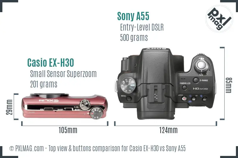 Casio EX-H30 vs Sony A55 top view buttons comparison