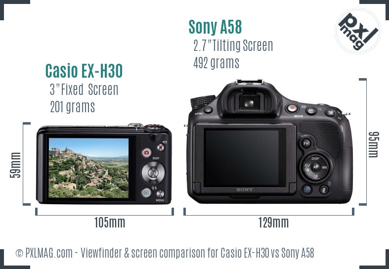 Casio EX-H30 vs Sony A58 Screen and Viewfinder comparison