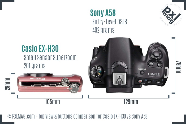 Casio EX-H30 vs Sony A58 top view buttons comparison