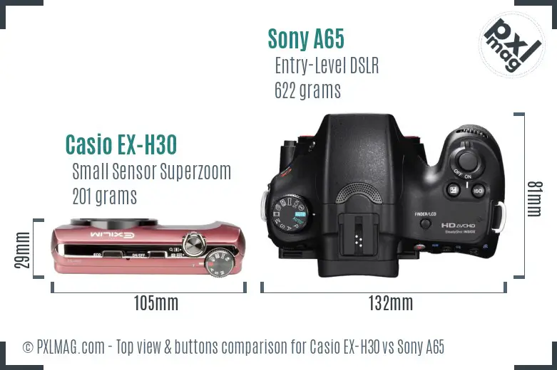 Casio EX-H30 vs Sony A65 top view buttons comparison Casio EX-H30 vs Sony A65 top view buttons comparison