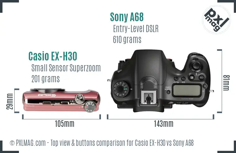 Casio EX-H30 vs Sony A68 top view buttons comparison
