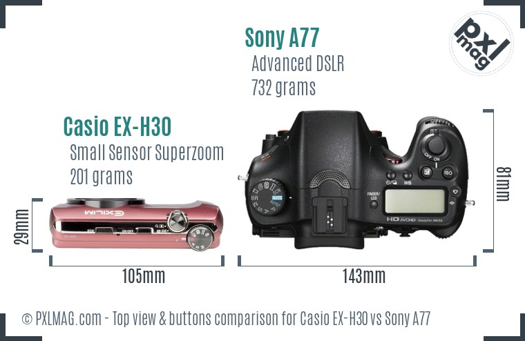 Casio EX-H30 vs Sony A77 top view buttons comparison