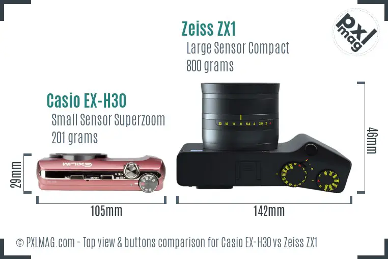 Casio EX-H30 vs Zeiss ZX1 top view buttons comparison Casio EX-H30 vs Zeiss ZX1 top view buttons comparison