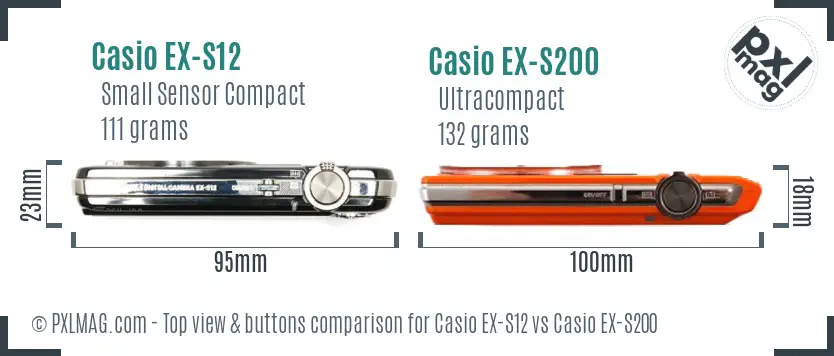Casio EX-S12 vs Casio EX-S200 top view buttons comparison
