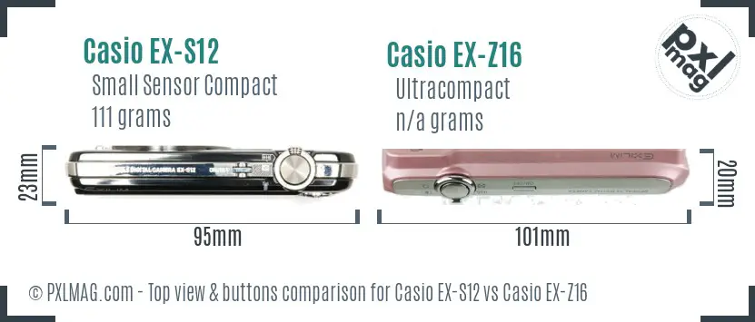 Casio EX-S12 vs Casio EX-Z16 top view buttons comparison