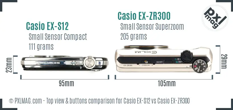 Casio EX-S12 vs Casio EX-ZR300 top view buttons comparison