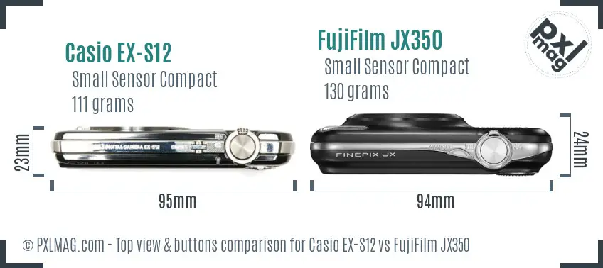 Casio EX-S12 vs FujiFilm JX350 top view buttons comparison Casio EX-S12 vs FujiFilm JX350 top view buttons comparison
