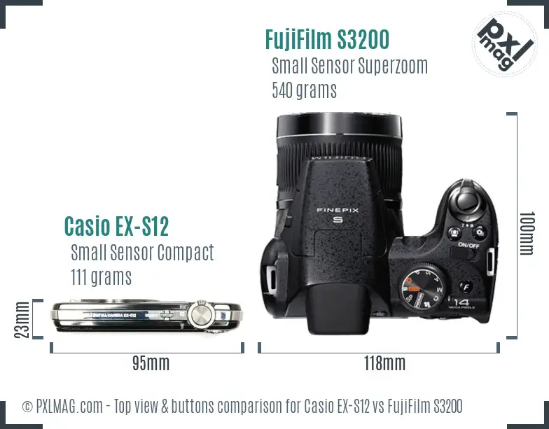 Casio EX-S12 vs FujiFilm S3200 top view buttons comparison