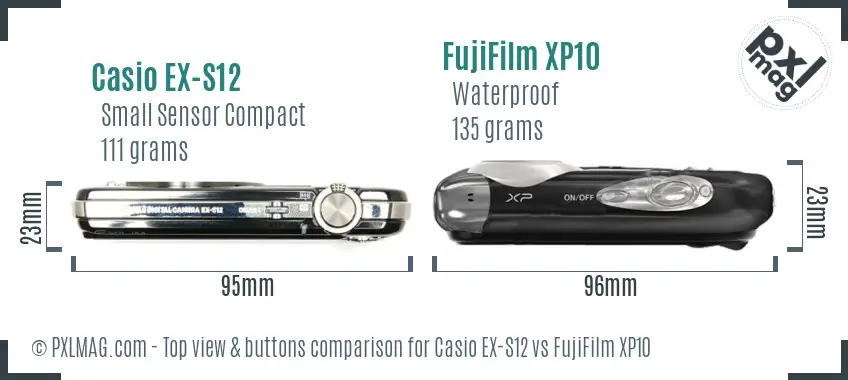 Casio EX-S12 vs FujiFilm XP10 top view buttons comparison