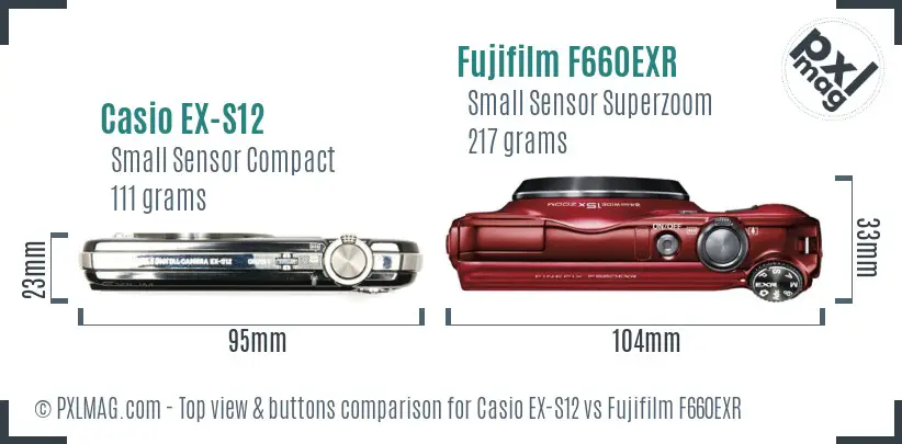 Casio EX-S12 vs Fujifilm F660EXR top view buttons comparison Casio EX-S12 vs Fujifilm F660EXR top view buttons comparison