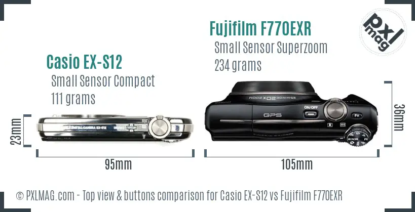 Casio EX-S12 vs Fujifilm F770EXR top view buttons comparison Casio EX-S12 vs Fujifilm F770EXR top view buttons comparison