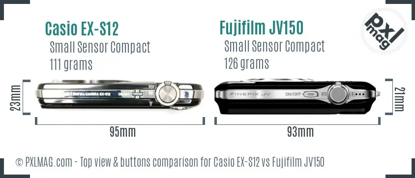 Casio EX-S12 vs Fujifilm JV150 top view buttons comparison