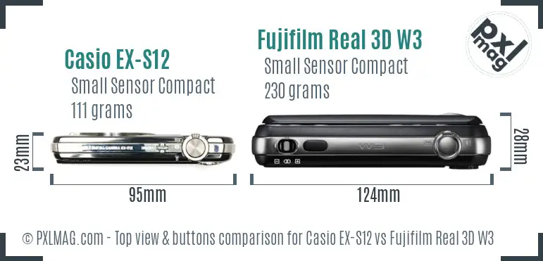 Casio EX-S12 vs Fujifilm Real 3D W3 top view buttons comparison
