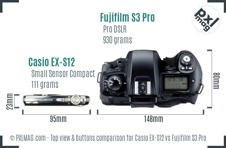 Casio EX-S12 vs Fujifilm S3 Pro top view buttons comparison Casio EX-S12 vs Fujifilm S3 Pro top view buttons comparison