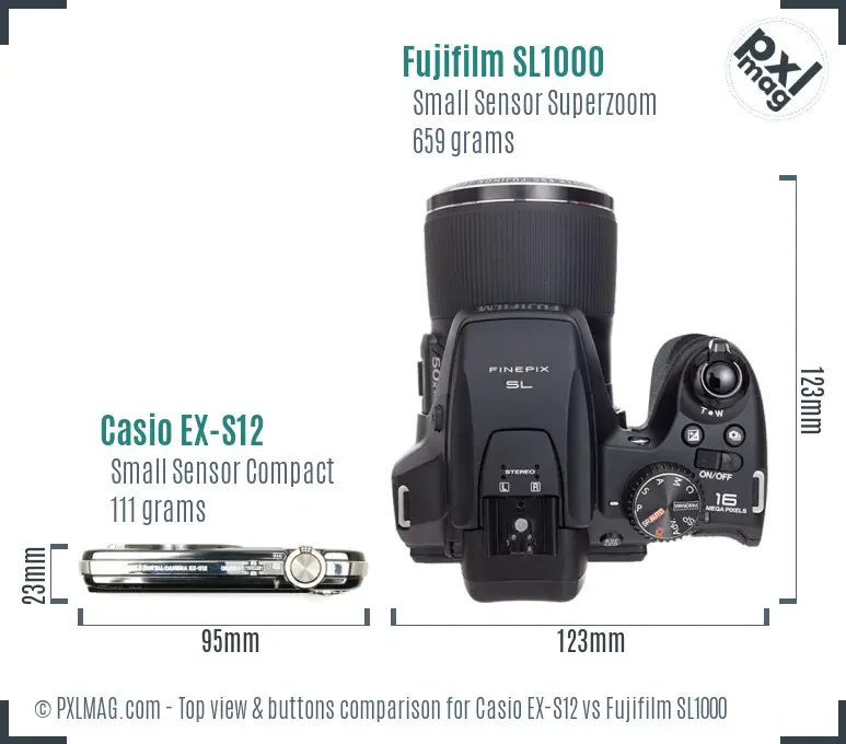 Casio EX-S12 vs Fujifilm SL1000 top view buttons comparison Casio EX-S12 vs Fujifilm SL1000 top view buttons comparison
