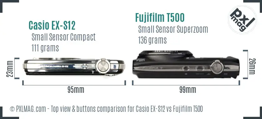 Casio EX-S12 vs Fujifilm T500 top view buttons comparison Casio EX-S12 vs Fujifilm T500 top view buttons comparison