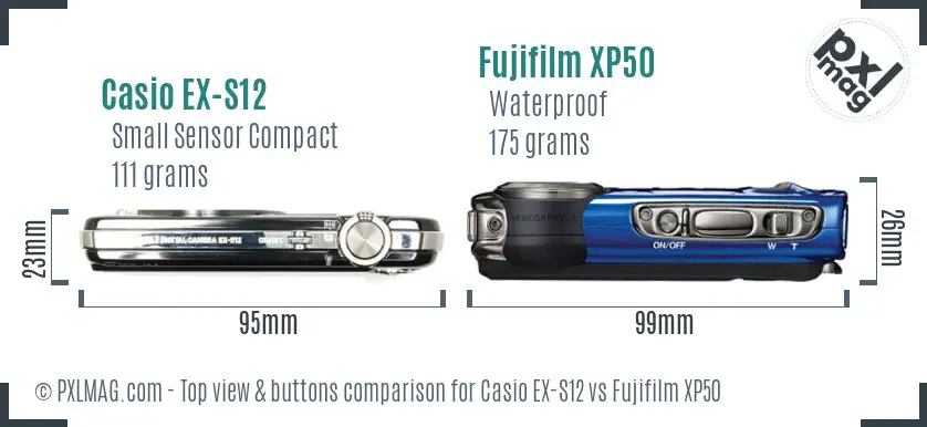 Casio EX-S12 vs Fujifilm XP50 top view buttons comparison