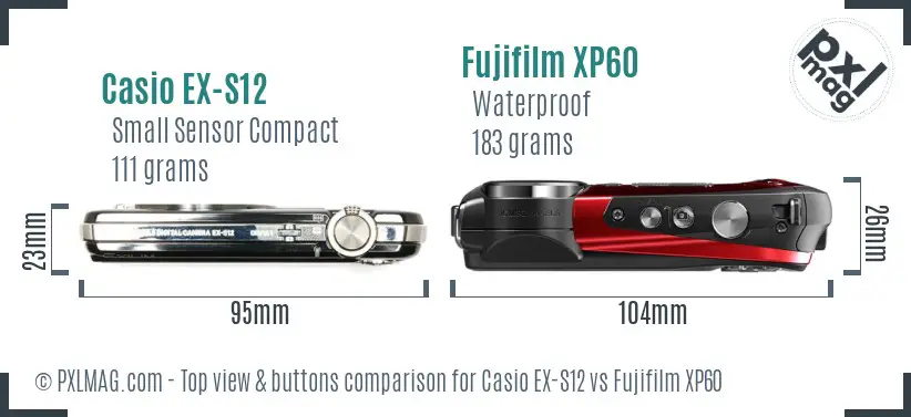 Casio EX-S12 vs Fujifilm XP60 top view buttons comparison Casio EX-S12 vs Fujifilm XP60 top view buttons comparison