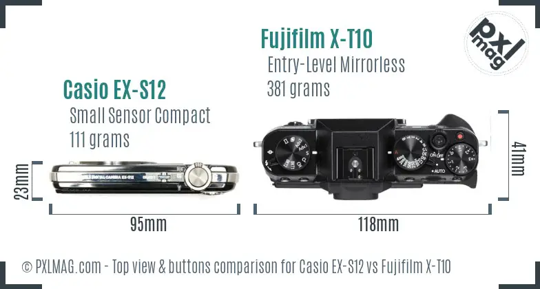 Casio EX-S12 vs Fujifilm X-T10 top view buttons comparison