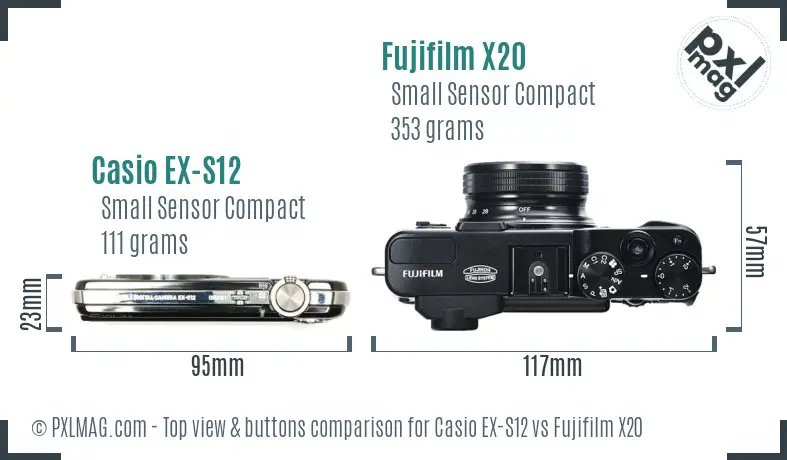 Casio EX-S12 vs Fujifilm X20 top view buttons comparison