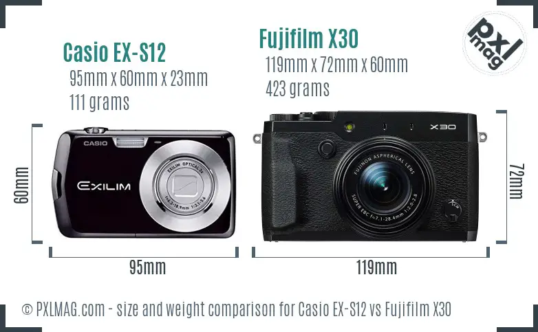 Casio EX-S12 vs Fujifilm X30 size comparison