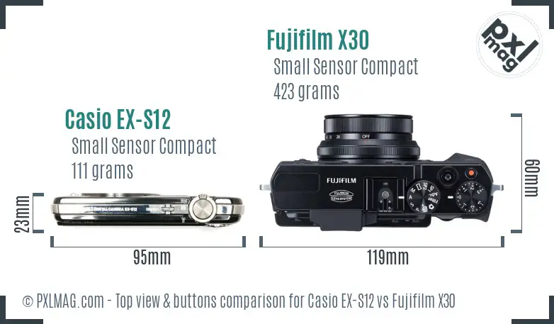 Casio EX-S12 vs Fujifilm X30 top view buttons comparison