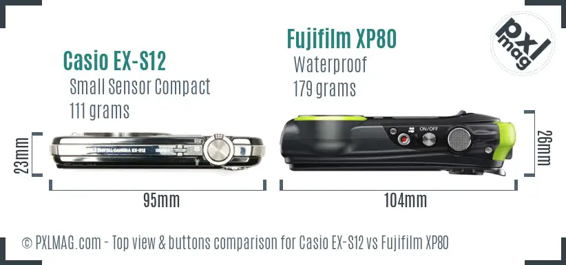 Casio EX-S12 vs Fujifilm XP80 top view buttons comparison