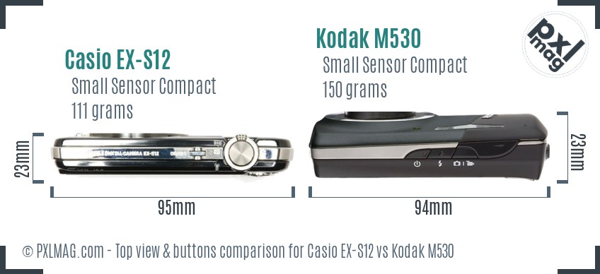 Casio EX-S12 vs Kodak M530 top view buttons comparison