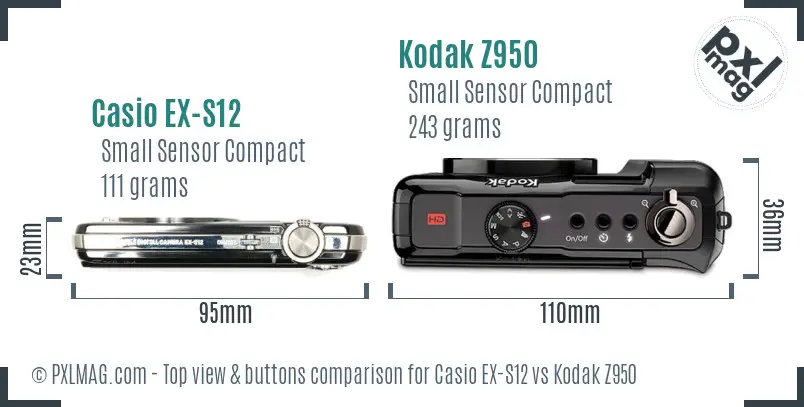 Casio EX-S12 vs Kodak Z950 top view buttons comparison