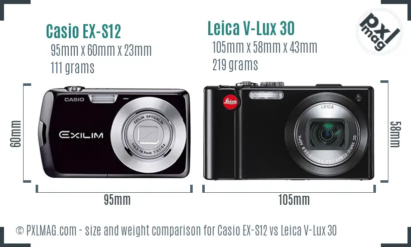 Casio EX-S12 vs Leica V-Lux 30 size comparison
