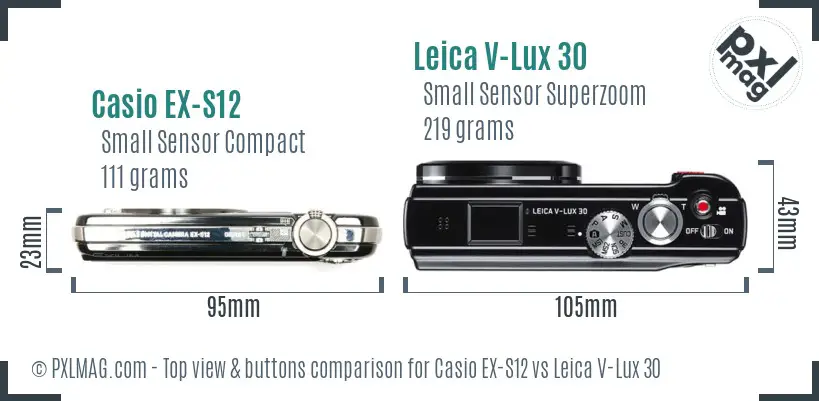 Casio EX-S12 vs Leica V-Lux 30 top view buttons comparison
