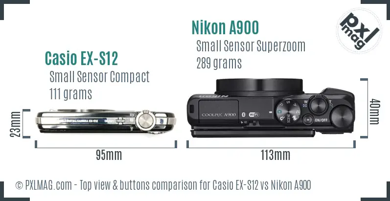 Casio EX-S12 vs Nikon A900 top view buttons comparison