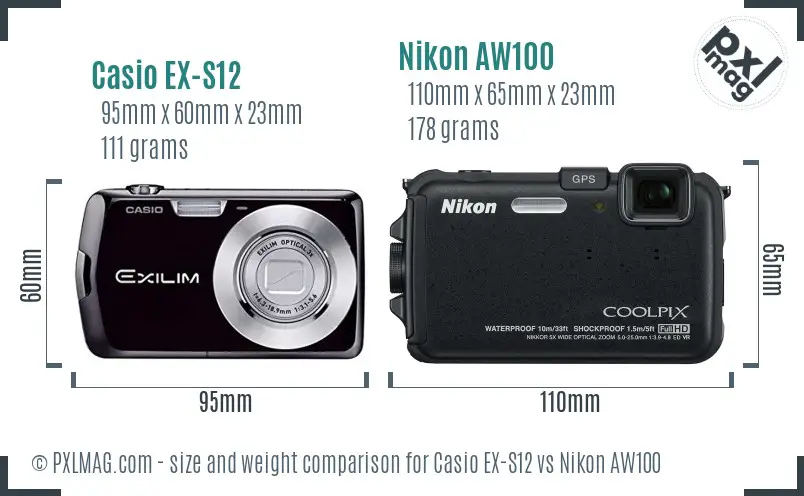 Casio EX-S12 vs Nikon AW100 size comparison