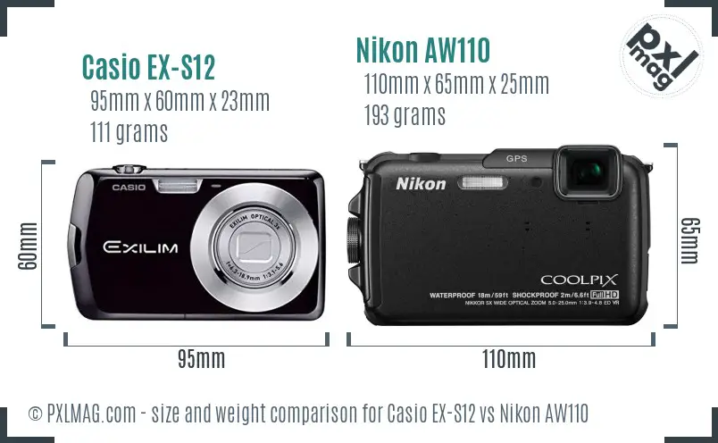 Casio EX-S12 vs Nikon AW110 size comparison