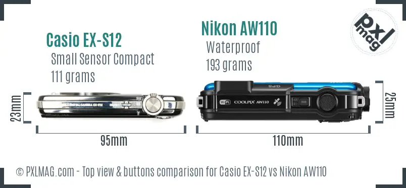 Casio EX-S12 vs Nikon AW110 top view buttons comparison