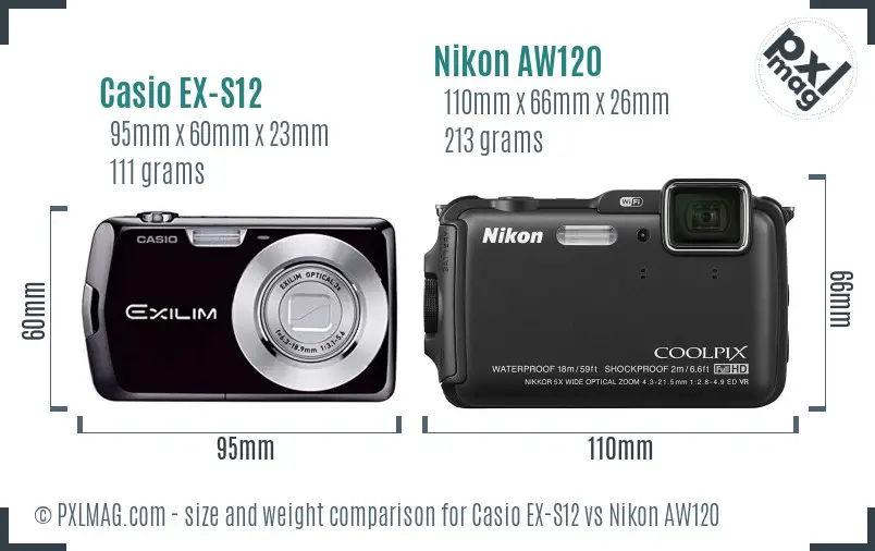 Casio EX-S12 vs Nikon AW120 size comparison