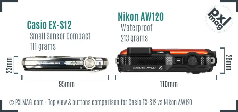 Casio EX-S12 vs Nikon AW120 top view buttons comparison