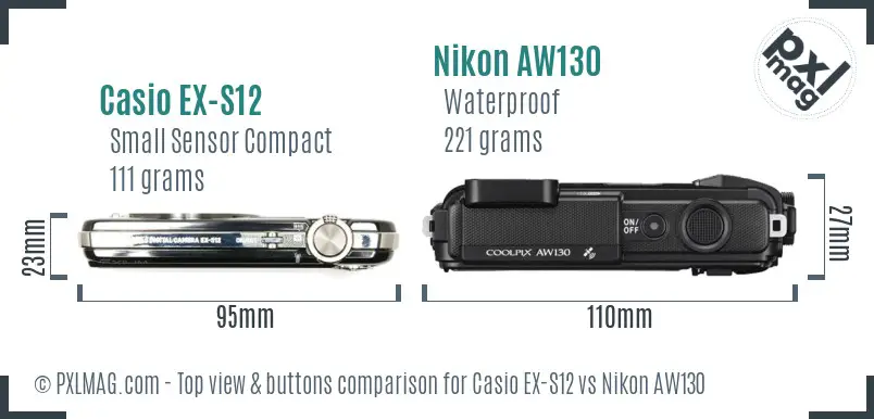 Casio EX-S12 vs Nikon AW130 top view buttons comparison