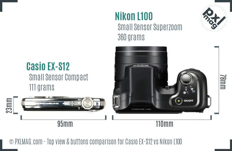 Casio EX-S12 vs Nikon L100 top view buttons comparison