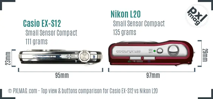 Casio EX-S12 vs Nikon L20 top view buttons comparison Casio EX-S12 vs Nikon L20 top view buttons comparison