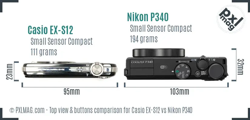 Casio EX-S12 vs Nikon P340 top view buttons comparison Casio EX-S12 vs Nikon P340 top view buttons comparison