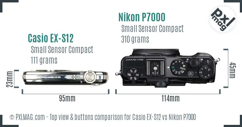 Casio EX-S12 vs Nikon P7000 top view buttons comparison